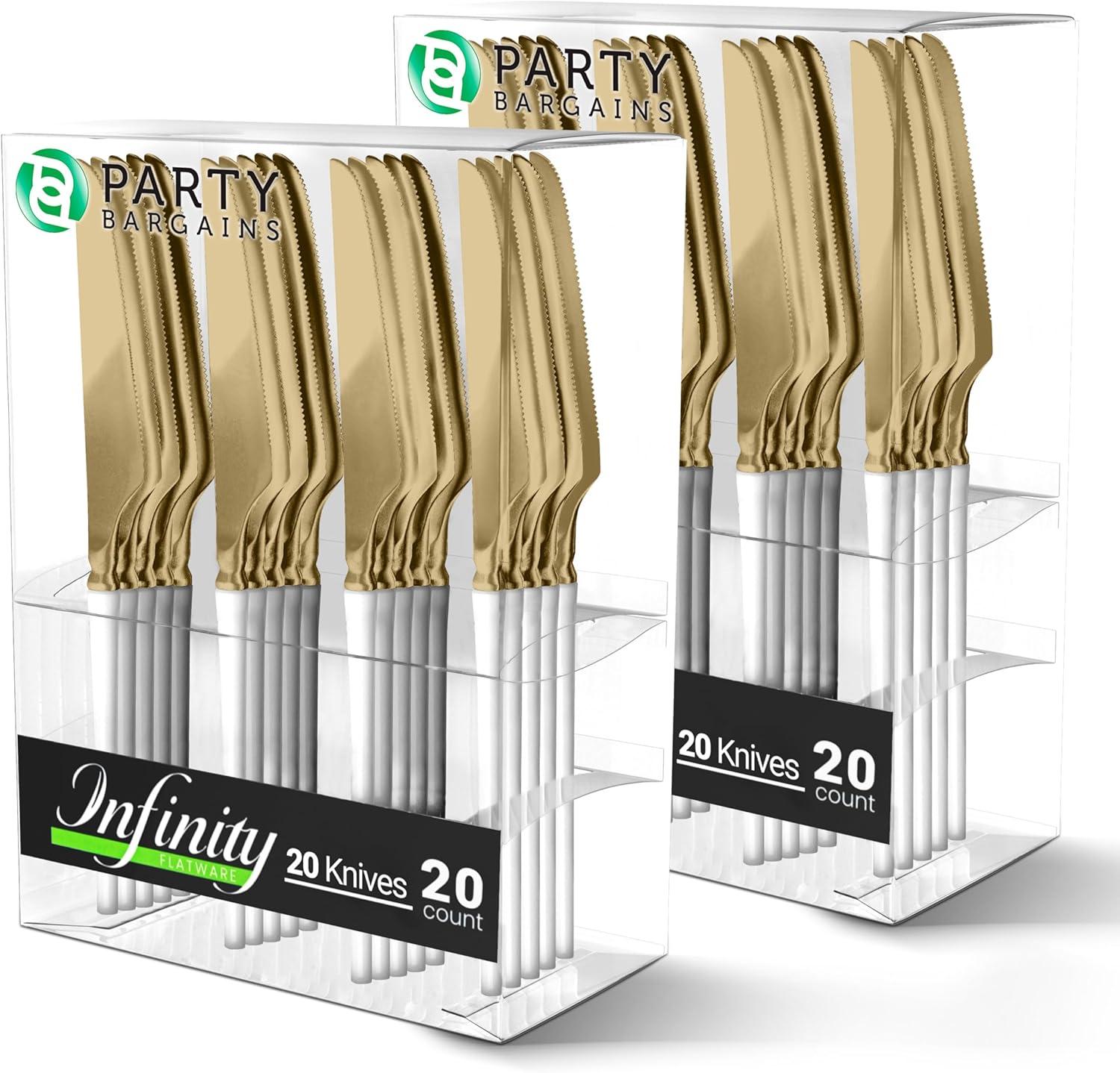 imageParty Bargains Disposable Plastic Silver Cutlery Set Infinity Modern Design Utensils 40 Pack 16 Forks 8 Knives 16 SpoonsWhite Gold
