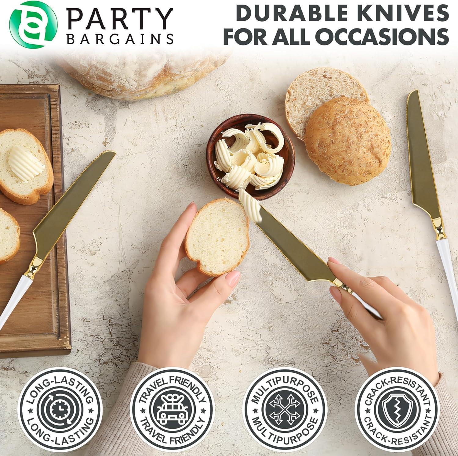 imageParty Bargains Disposable Plastic Silver Cutlery Set Infinity Modern Design Utensils 40 Pack 16 Forks 8 Knives 16 SpoonsWhite Gold