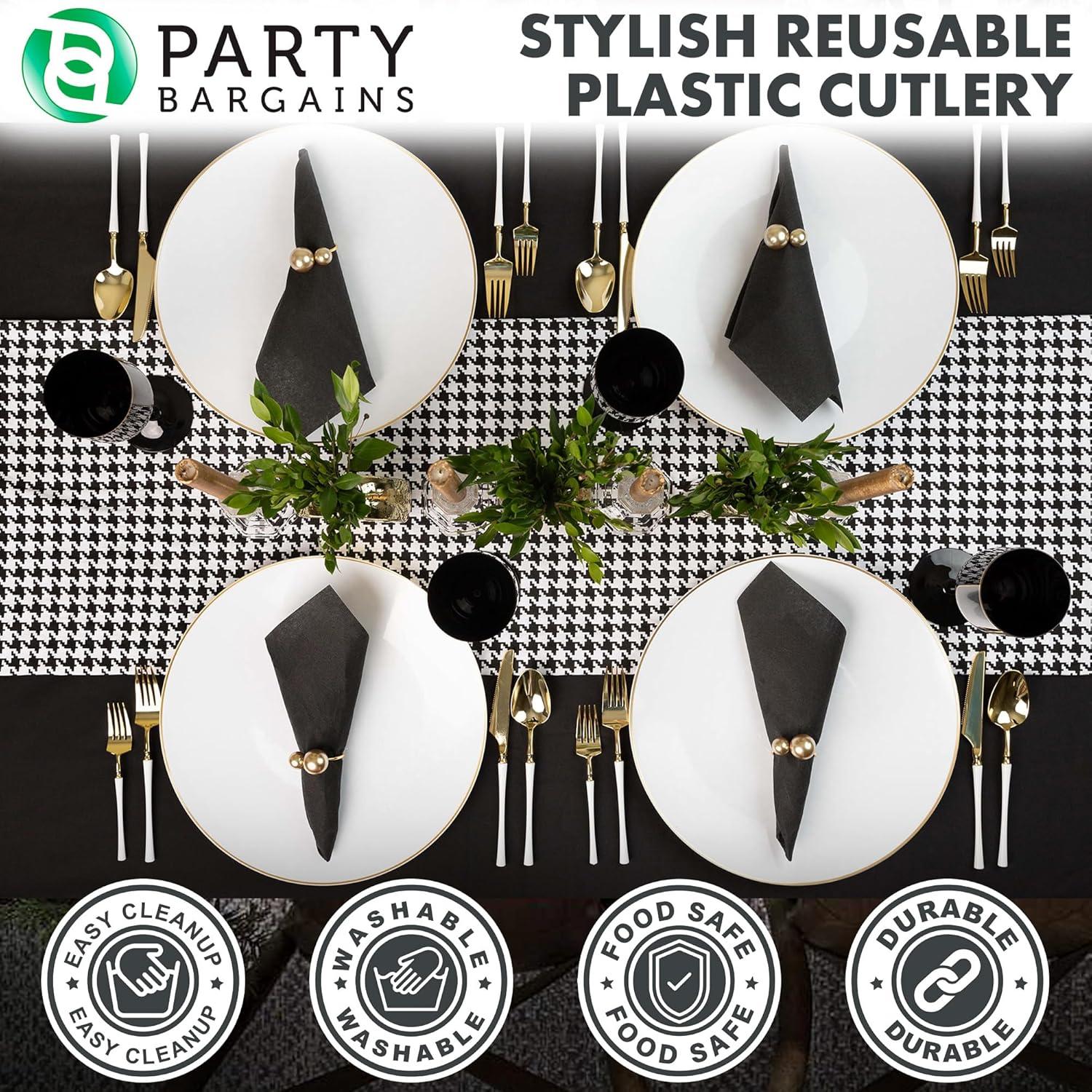 imageParty Bargains Disposable Plastic Silver Cutlery Set Infinity Modern Design Utensils 40 Pack 16 Forks 8 Knives 16 SpoonsWhite Gold