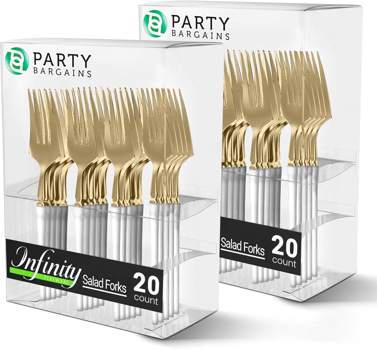 imageParty Bargains Disposable Plastic Silver Cutlery Set Infinity Modern Design Utensils 40 Pack 16 Forks 8 Knives 16 SpoonsWhite Gold