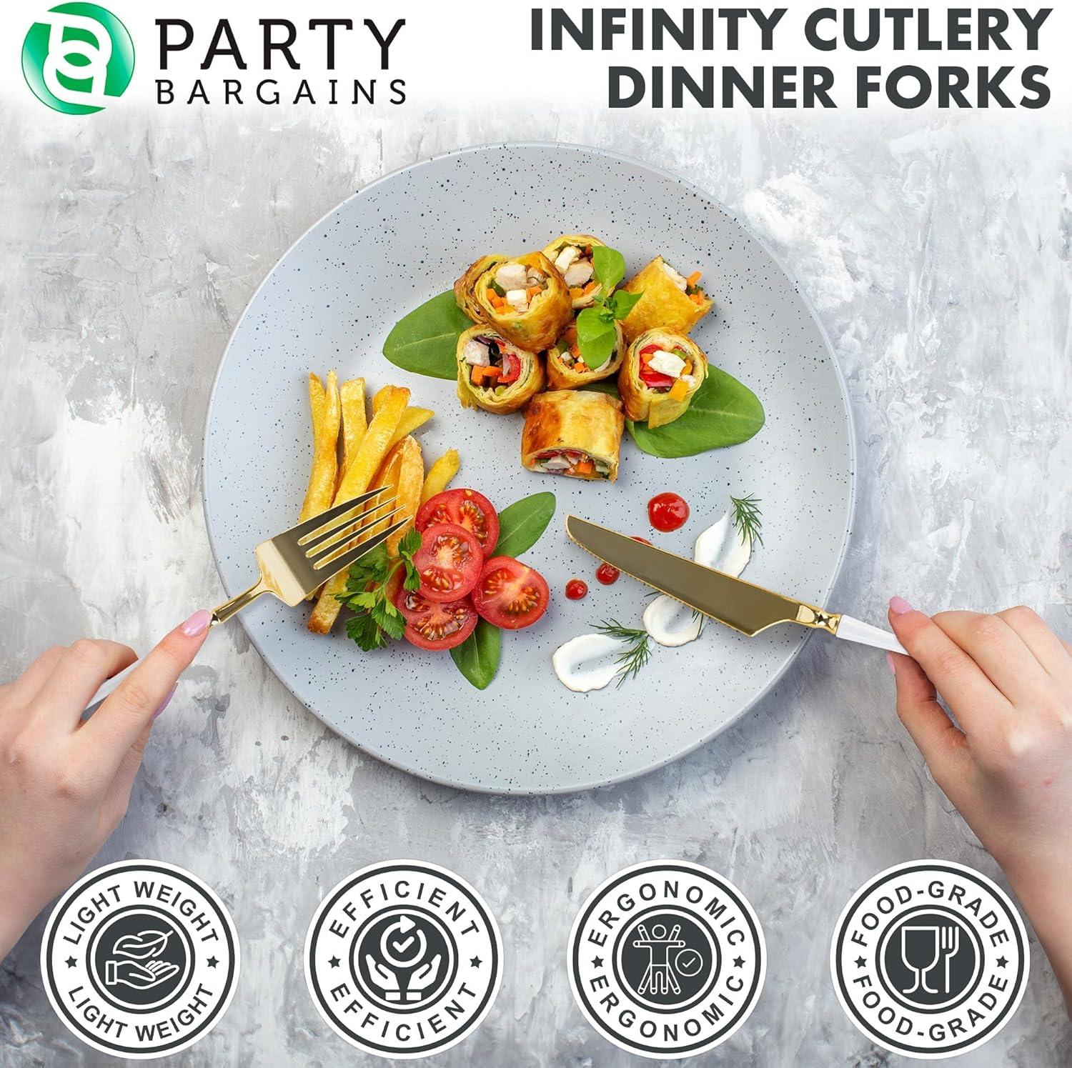 imageParty Bargains Disposable Plastic Silver Cutlery Set Infinity Modern Design Utensils 40 Pack 16 Forks 8 Knives 16 SpoonsWhite Gold