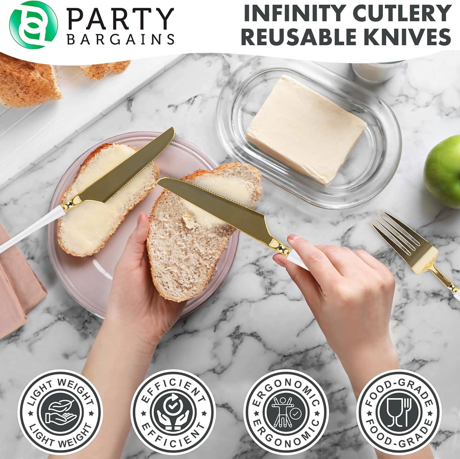 imageParty Bargains Disposable Plastic Silver Cutlery Set Infinity Modern Design Utensils 40 Pack 16 Forks 8 Knives 16 SpoonsWhite Gold