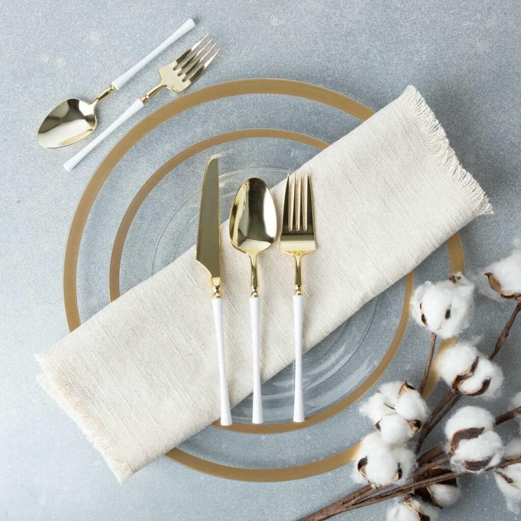 imageParty Bargains Disposable Plastic Silver Cutlery Set Infinity Modern Design Utensils 40 Pack 16 Forks 8 Knives 16 SpoonsWhite Gold