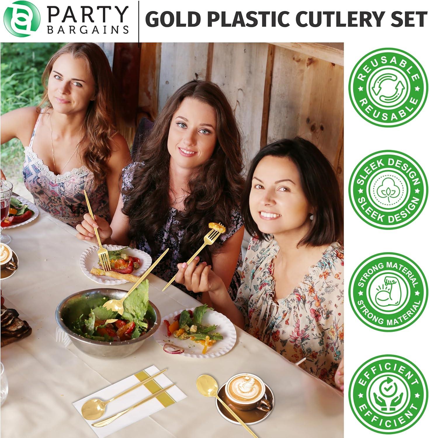 imageParty Bargains Plastic Silverware Set 40 Pc Novelty Design Gold 16 Forks 8 Knives 16 Spoons Disposable Cutlery Modern Flatware Utensils Place Settings Dinner Dessert Entrees