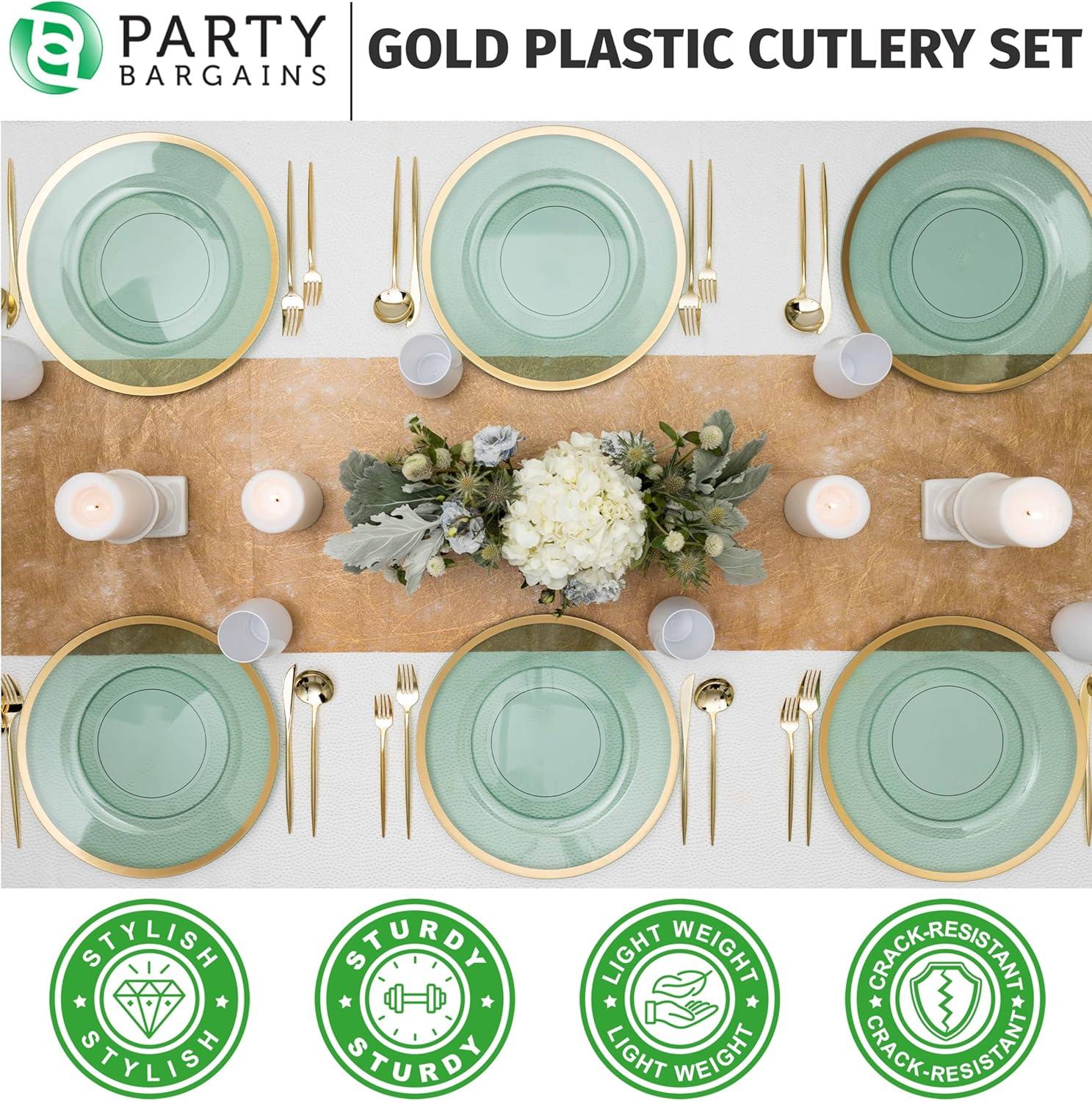 imageParty Bargains Plastic Silverware Set 40 Pc Novelty Design Gold 16 Forks 8 Knives 16 Spoons Disposable Cutlery Modern Flatware Utensils Place Settings Dinner Dessert Entrees
