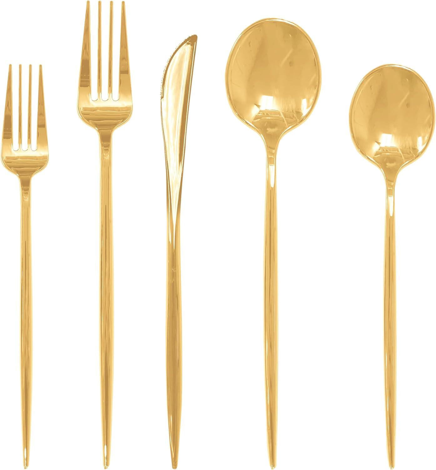 imageParty Bargains Plastic Silverware Set 40 Pc Novelty Design Gold 16 Forks 8 Knives 16 Spoons Disposable Cutlery Modern Flatware Utensils Place Settings Dinner Dessert Entrees