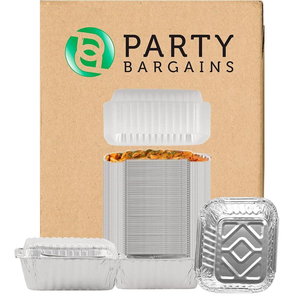 imagePARTY BARGAINS 1 lb Small Aluminum Pans with Plastic Dome Lids 800 Pack Disposable Foil TakeOut Containers 55 x 45 Inch Meal Prep Baking Pans for Pies Cakes Meats Oven Safe up to 240C800