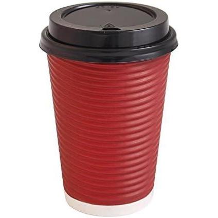 imagePARTY BARGAINS 100 Disposable Rippled Insulated Hot Cups with lids 12oz Burgundy Color No Sleeves Needed to Go Teacup Heat Protection Coffee Espresso16oz