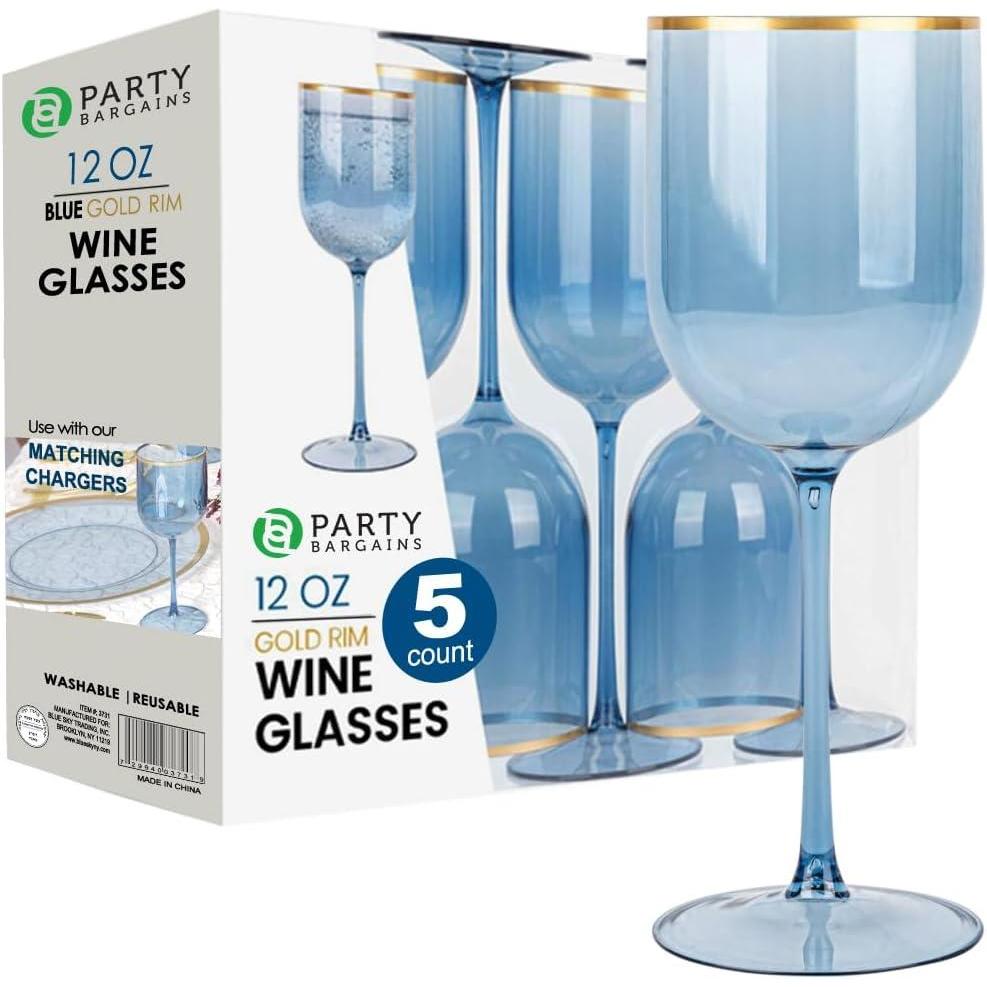 imagePARTY BARGAINS 12 oz Disposable Plastic Wine Goblets ShatterResistant BPAFree Stemmed Wine Cups for Weddings Events amp Outdoor Entertaining Black 5 PackBlue Gold Rim