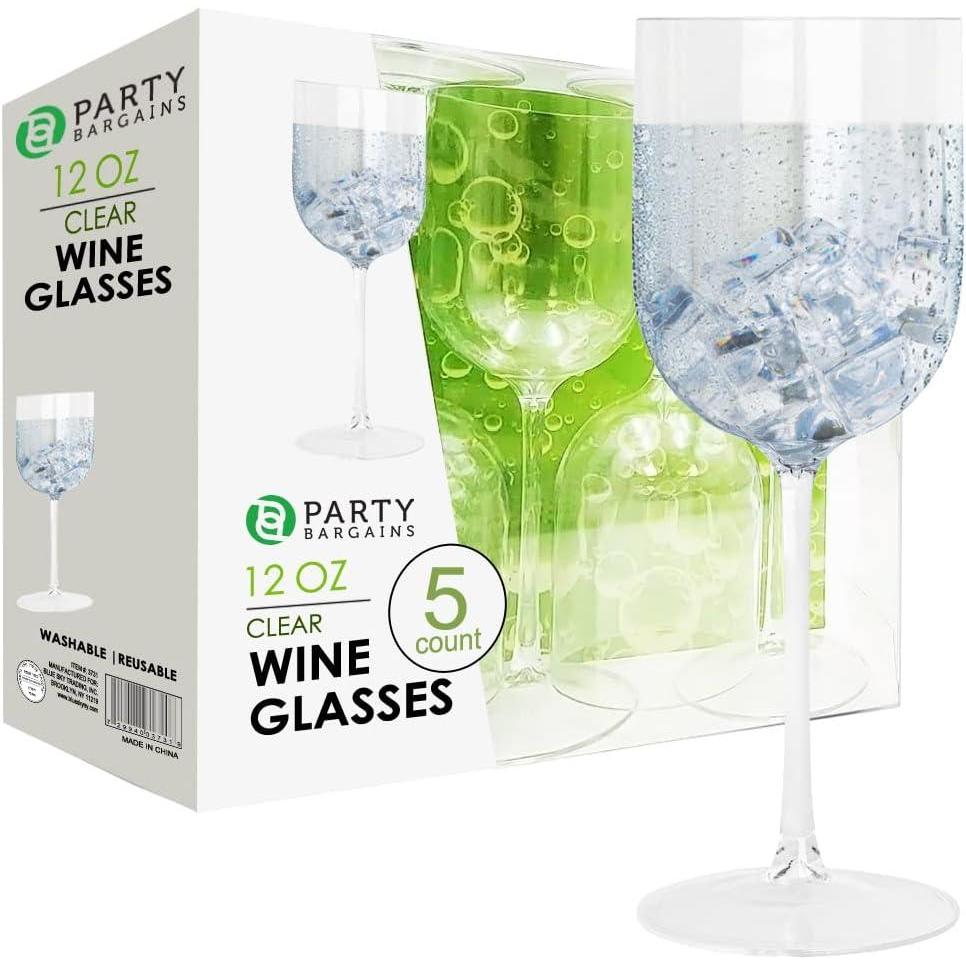 imagePARTY BARGAINS 12 oz Disposable Plastic Wine Goblets ShatterResistant BPAFree Stemmed Wine Cups for Weddings Events amp Outdoor Entertaining Black 5 PackClear