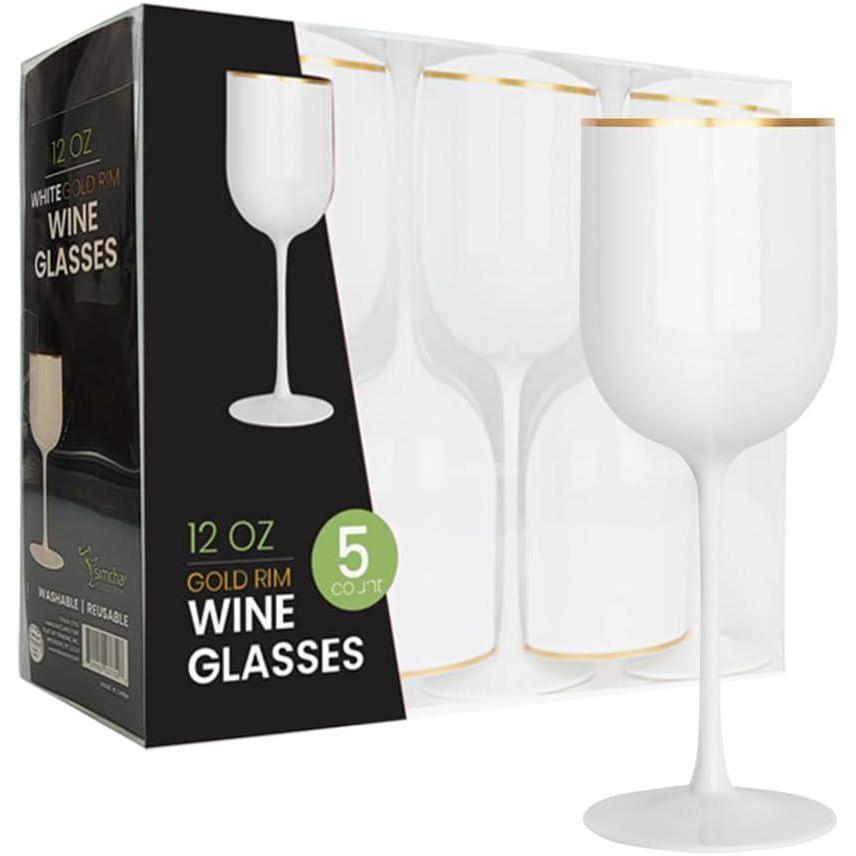 imagePARTY BARGAINS 12 oz Disposable Plastic Wine Goblets ShatterResistant BPAFree Stemmed Wine Cups for Weddings Events amp Outdoor Entertaining Black 5 PackWhite Gold Rim