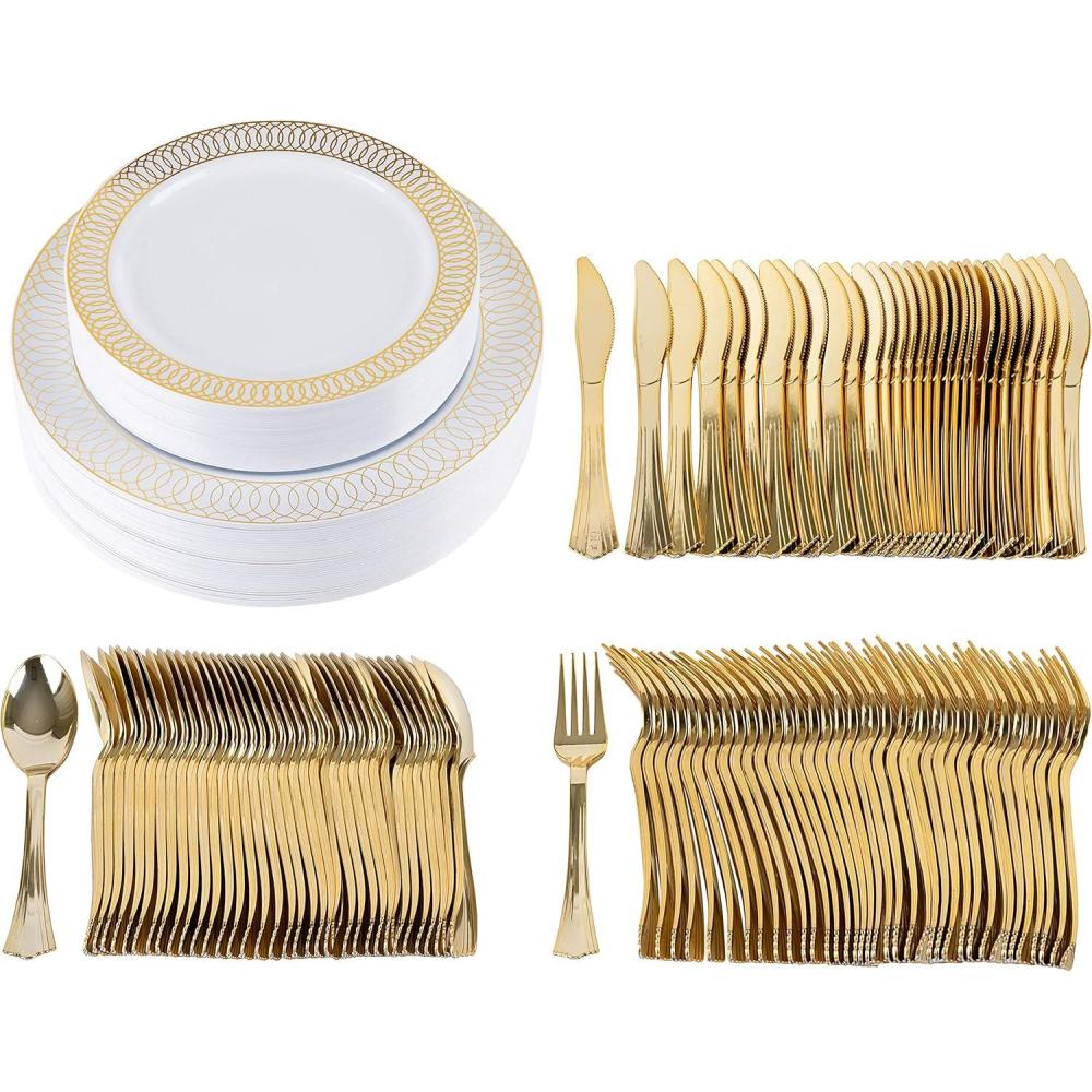 imagePARTY BARGAINS 125 Disposable Dinner Set for 25 Guest  Gold Spiral 25 Each 10 Dinner Plates 7 SaladDessert Plates Forks Knives Spoons for Wedding Receptions Banquets Buffets