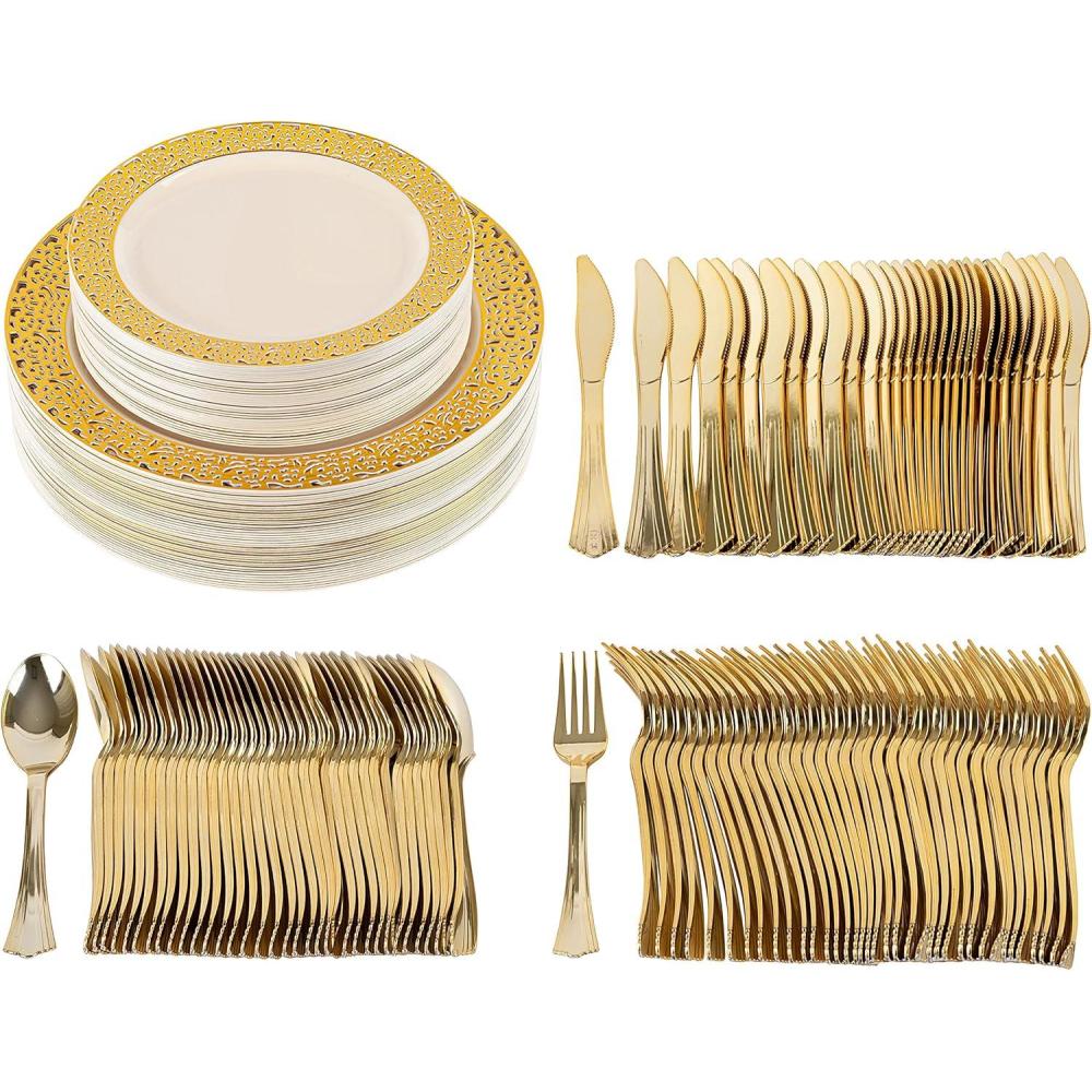 imagePARTY BARGAINS 125 Disposable Plastic Dinnerware Set for 25 Guest  Gold Lace 25 Each 10 Dinner Plates 7 SaladDessert Plates Forks Knives Spoons for Weddings Bridal Showers Birthday