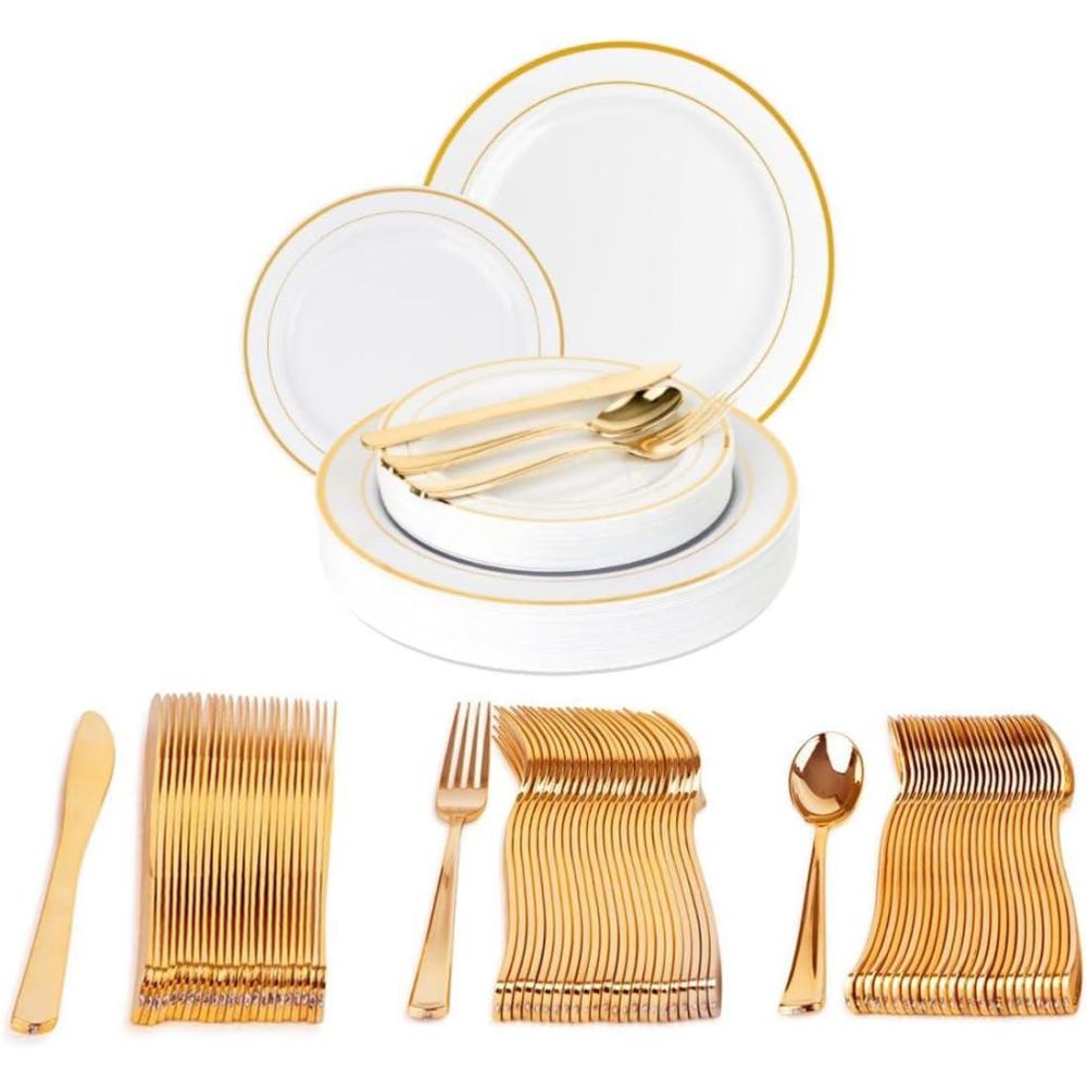 imagePARTY BARGAINS 125 Disposable Plastic Dinnerware Set for 25 Guest Gold Settings 25 Each 10 Dinner Plates 7 SaladDessert Plates Forks Knives Spoons for Weddings Bridal Showers Birthday