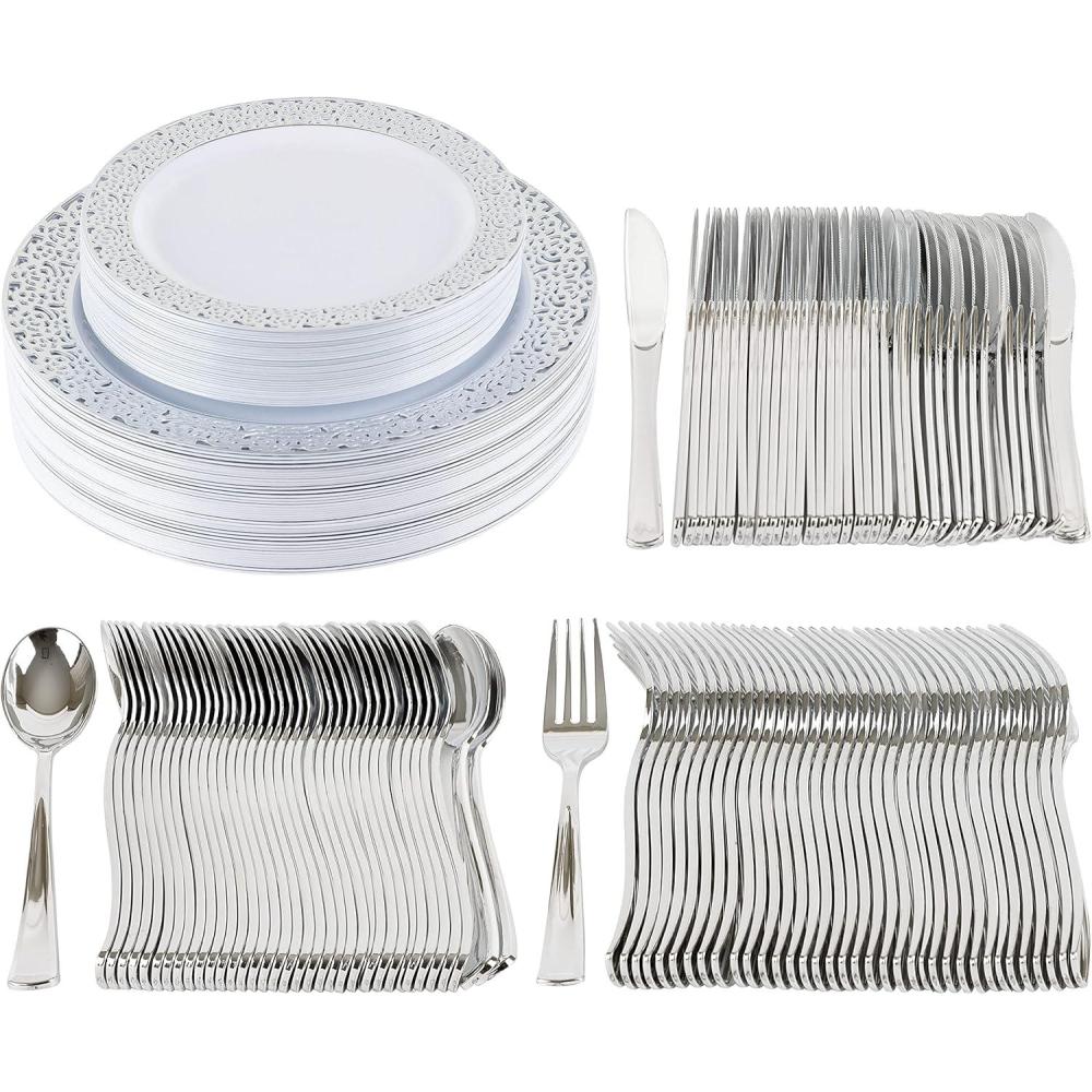 imagePARTY BARGAINS 125 Disposable Plastic Dinnerware Set for 25 Guest Silver Lace 25 Each 10 Dinner Plates 7 SaladDessert Plates Forks Knives Spoons Weddings Bridal Showers Birthday