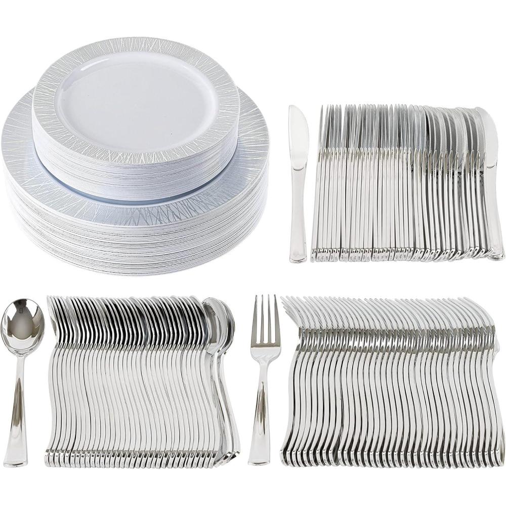 imagePARTY BARGAINS 125 Disposable Plastic Dinnerware Set for 25 Guest Silver Twig 25 Each 10 Dinner Plates 7 SaladDessert Plates Forks Knives Spoons for Weddings Bridal Showers Birthday