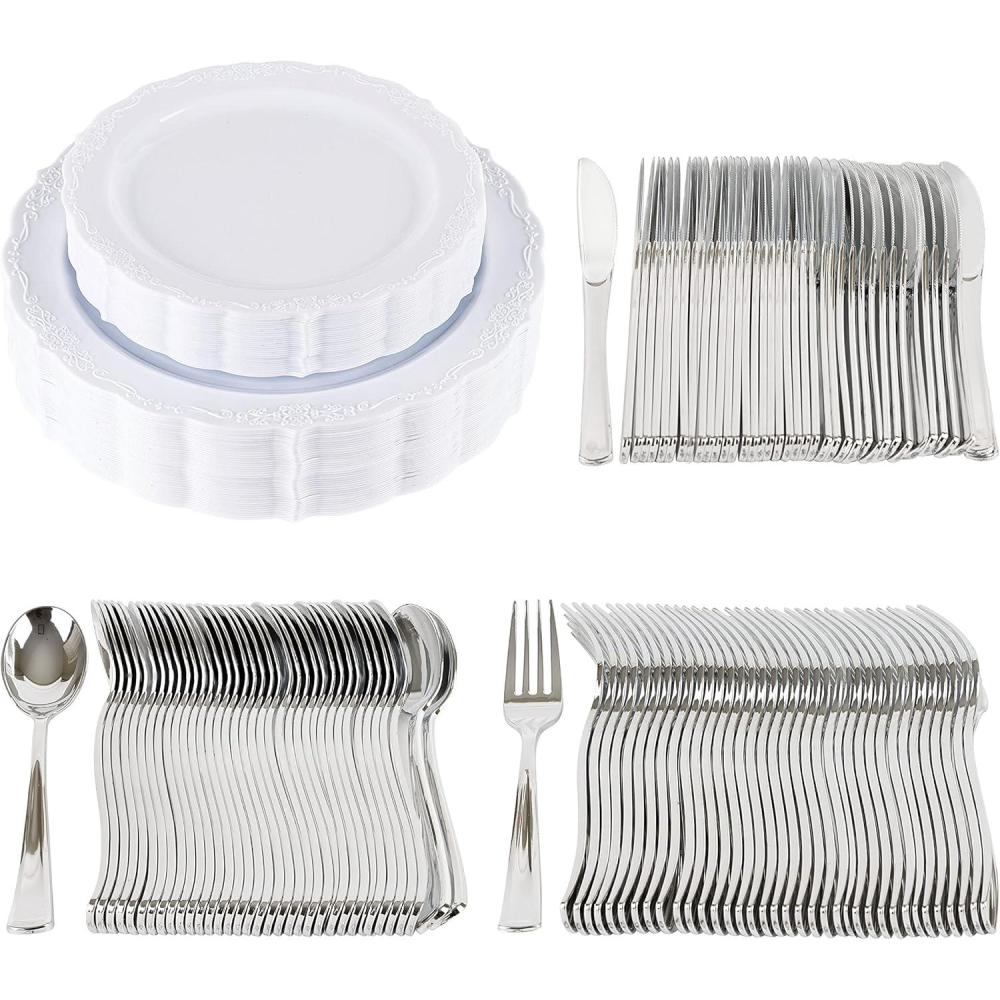 imagePARTY BARGAINS 125 Disposable Plastic Dinnerware Set for 25 Guest  Vintage White 25 Each 10 Dinner Plates 7 SaladDessert Plates Forks Knives Spoons for Weddings Bridal Showers Birthday