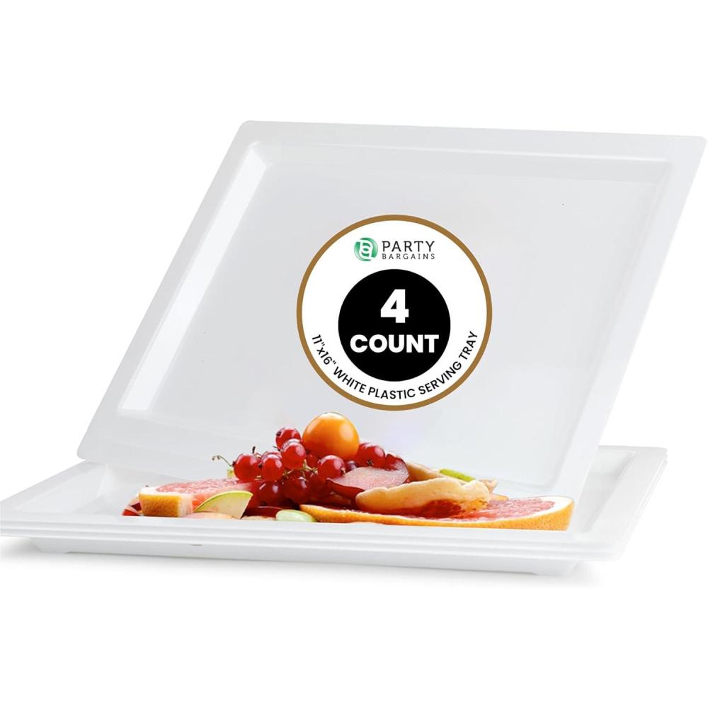 imagePARTY BARGAINS 16 x 11 Plastic Serving Trays  4 Pack Disposable Clear Plastic Trays Ideal for Weddings Buffets and Birthday Parties11x16 Bright White