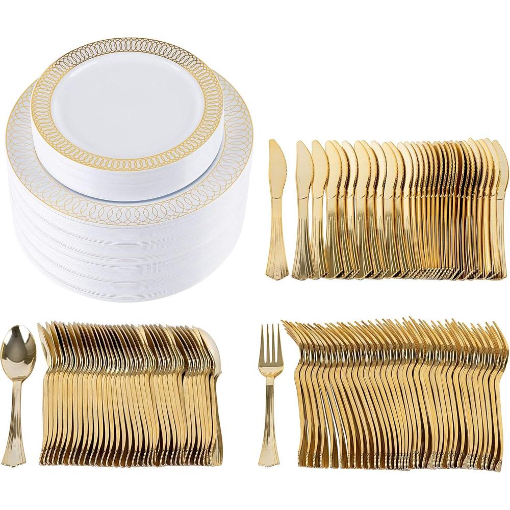 imagePARTY BARGAINS 250 Disposable Dinner Set for 50 Guest  Gold Spiral 50 Each 10 Dinner Plates 7 SaladDessert Plates Forks Knives Spoons for Wedding Receptions Banquets Buffets