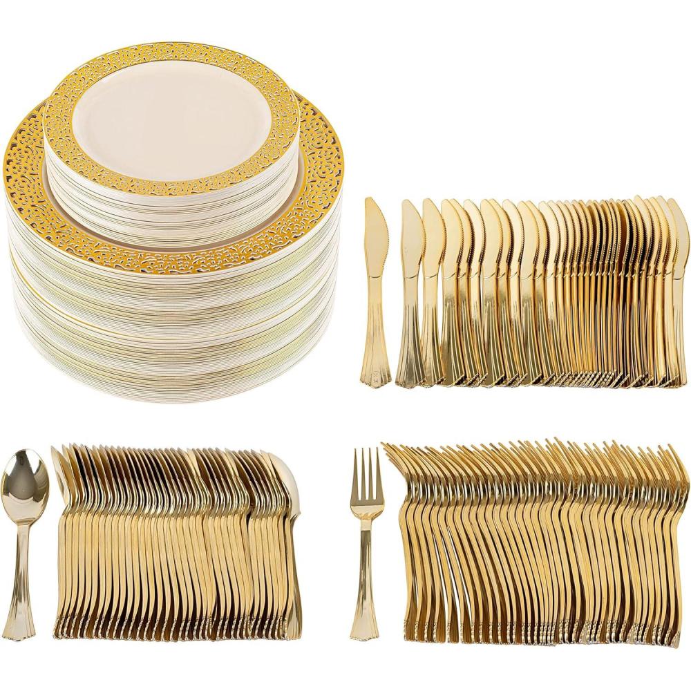 imagePARTY BARGAINS 250 Disposable Plastic Dinnerware Set for 50 Guest Gold Lace 50 Each 10 Dinner Plates 7 SaladDessert Plates Forks Knives Spoons for Weddings Bridal Showers Birthday