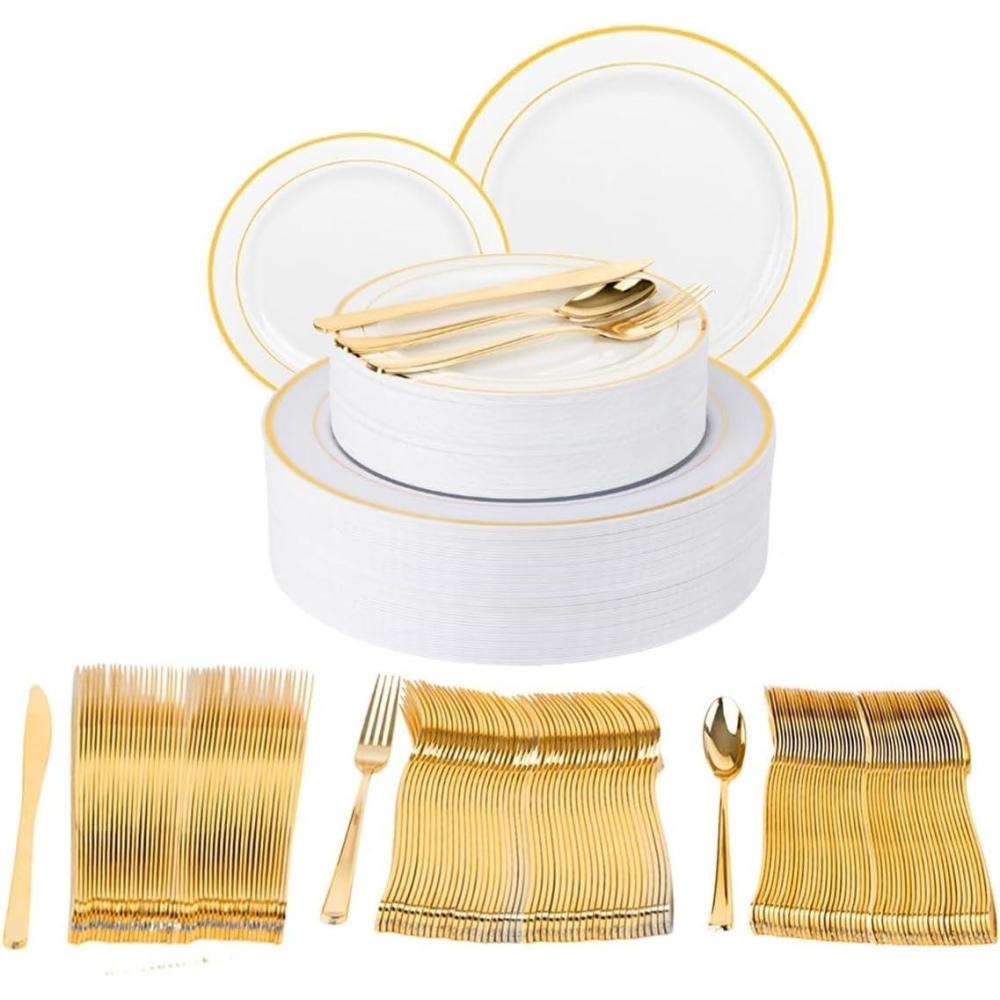 imagePARTY BARGAINS 250 Disposable Plastic Dinnerware Set for 50 Guest Gold Rim 50 Each 10 Dinner Plates 7 SaladDessert Plates Forks Knives Spoons Weddings Bridal Showers Birthday