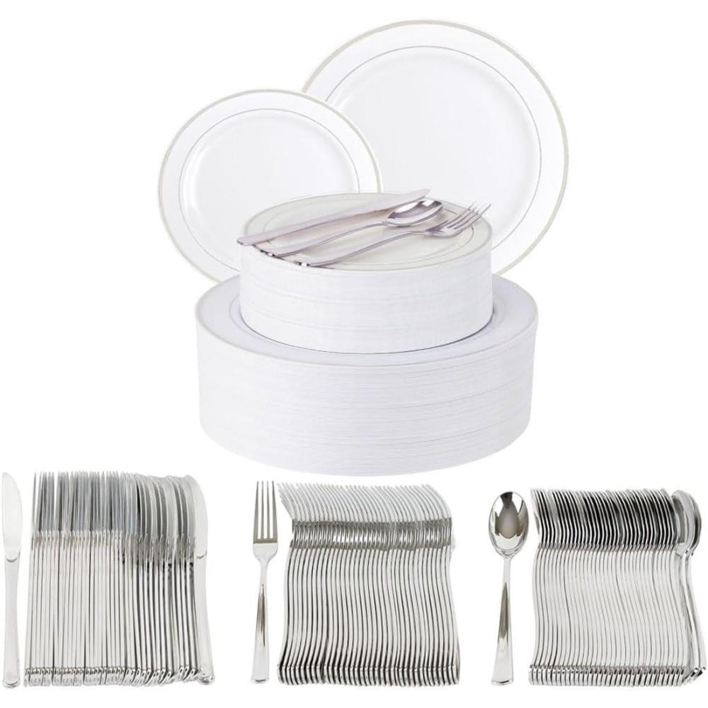 imagePARTY BARGAINS 250 Disposable Plastic Dinnerware Set for 50 Guest  Silver 50 Each 10 Dinner Plates 7 SaladDessert Plates Forks Knives Spoons Weddings Bridal Showers Birthday