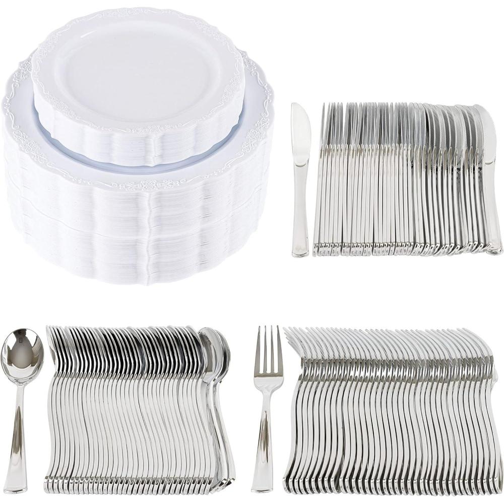 imagePARTY BARGAINS 250 Disposable Plastic Dinnerware Set for 50 Guest  Vintage White 50 Each 10 Dinner Plates 7 SaladDessert Plates Forks Knives Spoons for Weddings Bridal Showers Birthday