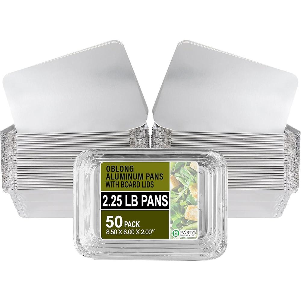 imagePARTY BARGAINS 5 lb Aluminum Pans with Board Lids 50 Pack  9 x 7 in Disposable Foil Roasting amp Steam Table Pans for Catering Takeout Meal Prep Oven Safe up to 240C1