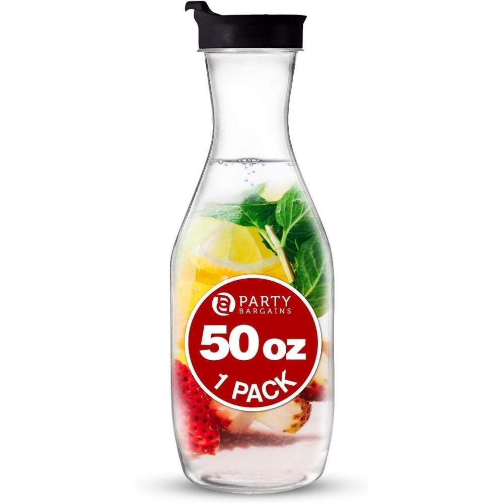 imagePARTY BARGAINS 50 oz Plastic Carafe with White FlipTab Lid Clear 12 Pack HeavyDuty SpillResistant Pitchers for Iced Tea Juice Cold Beverages Powdered Drinks MimosaBlack Cap