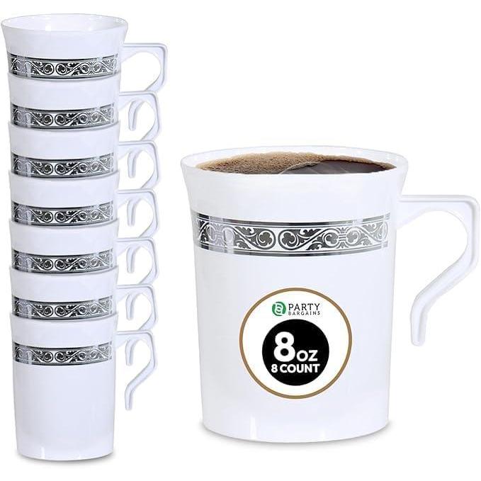 imagePARTY BARGAINS 8 oz Square Clear Plastic Coffee Cups with Handles  8 Pack Disposable Plastic Tea Cups Excellent for Weddings Bridal Showers Engagement Parties CampingWhite Silver lace