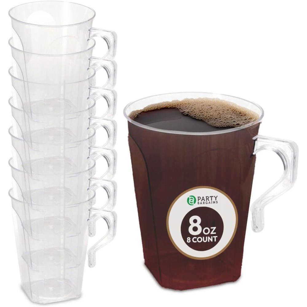 imagePARTY BARGAINS 8 oz Square Clear Plastic Coffee Cups with Handles 8 Pack Disposable Plastic Tea Cups Excellent for Weddings Bridal Showers Engagement Parties CampingSquare Clear