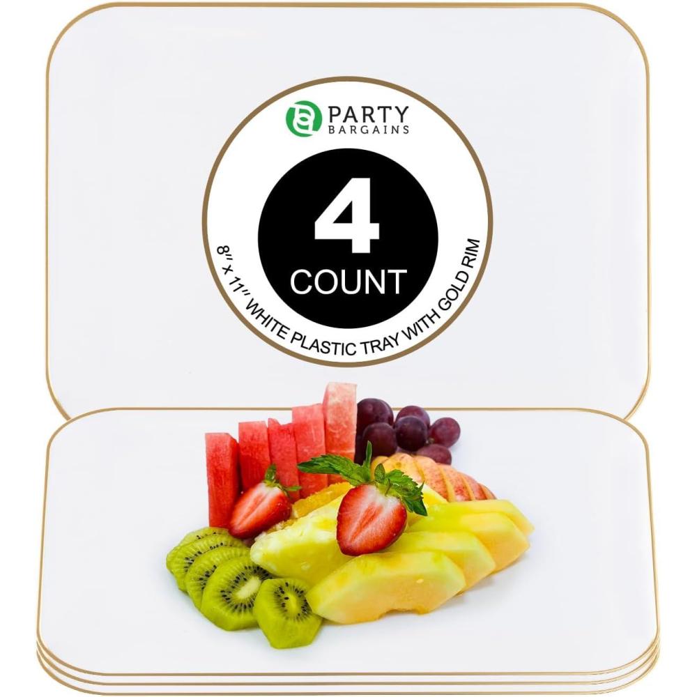 imagePARTY BARGAINS 8 x 11 Disposable Plastic Serving Tray 4Pack  White with Gold Rim Rectangular Party Platters for Snacks Appetizers Charcuterie Weddings amp Catering