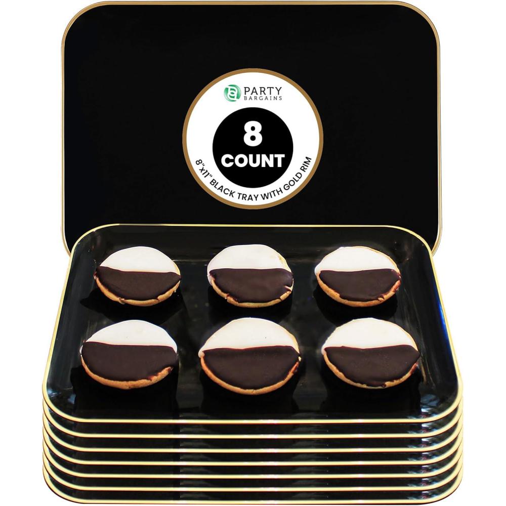 imagePARTY BARGAINS 8 x 11 Disposable Plastic Serving Tray 8Pack  Black with Gold Rim Rectangular Party Platters for Snacks Appetizers Charcuterie Weddings amp Catering