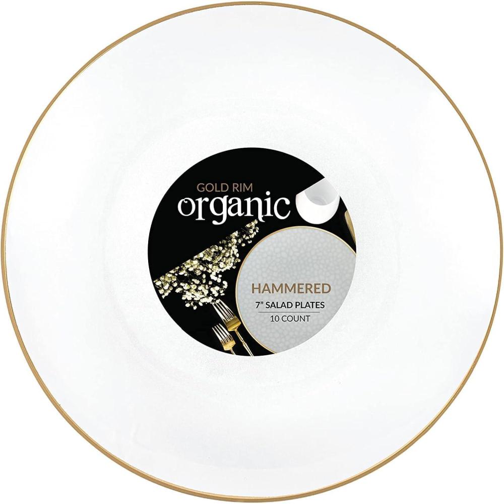 imagePARTY BARGAINS 9 Plastic Dinner Plates with Gold Rim 10Pack Hammered Transparent Blue Disposable Party Plates for Weddings Parties amp EventsWhite with Gold Rim