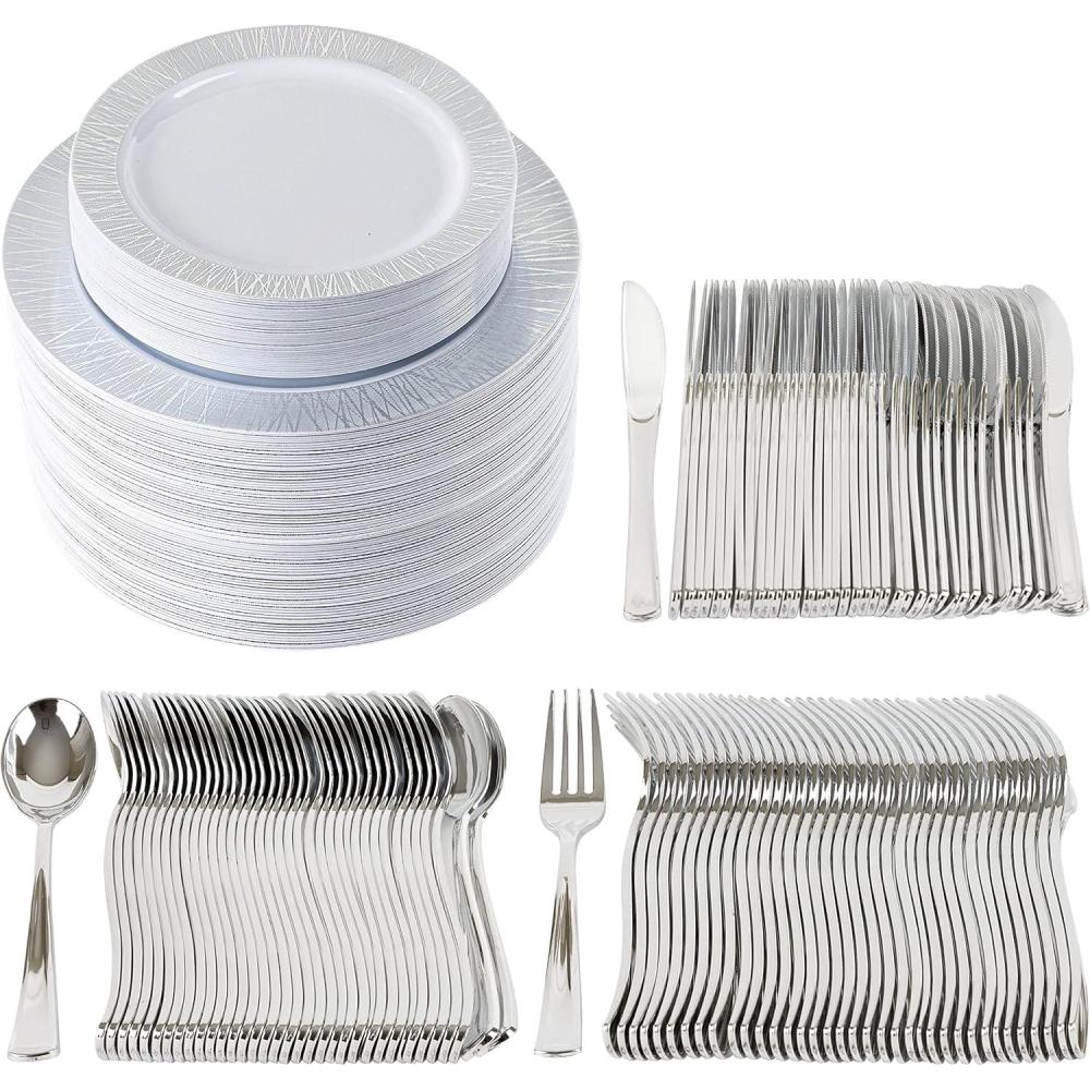 imagePARTY BARGAINS Disposable Plastic Set  10 Dinner Plates 7 SaladDessert Plates Forks Knives Spoons Weddings Bridal Showers Birthday 250Set Silver Twig