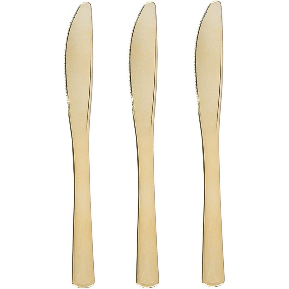 imagePARTY BARGAINS Disposable Plastic Silverware Flatwares Knives  Durable amp Elegant Stylish Polished Gold Cutlery  Pack of 120