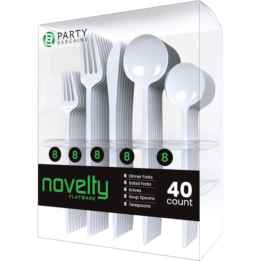 imagePARTY BARGAINS Plastic Cutlery Set 40 Pc Black Disposable HeavyDuty Flatware  Includes 16 Forks 8 Knives amp 16 Spoons for Parties Weddings BBQs Events  Elegant amp Durable Plastic UtensilsWhite