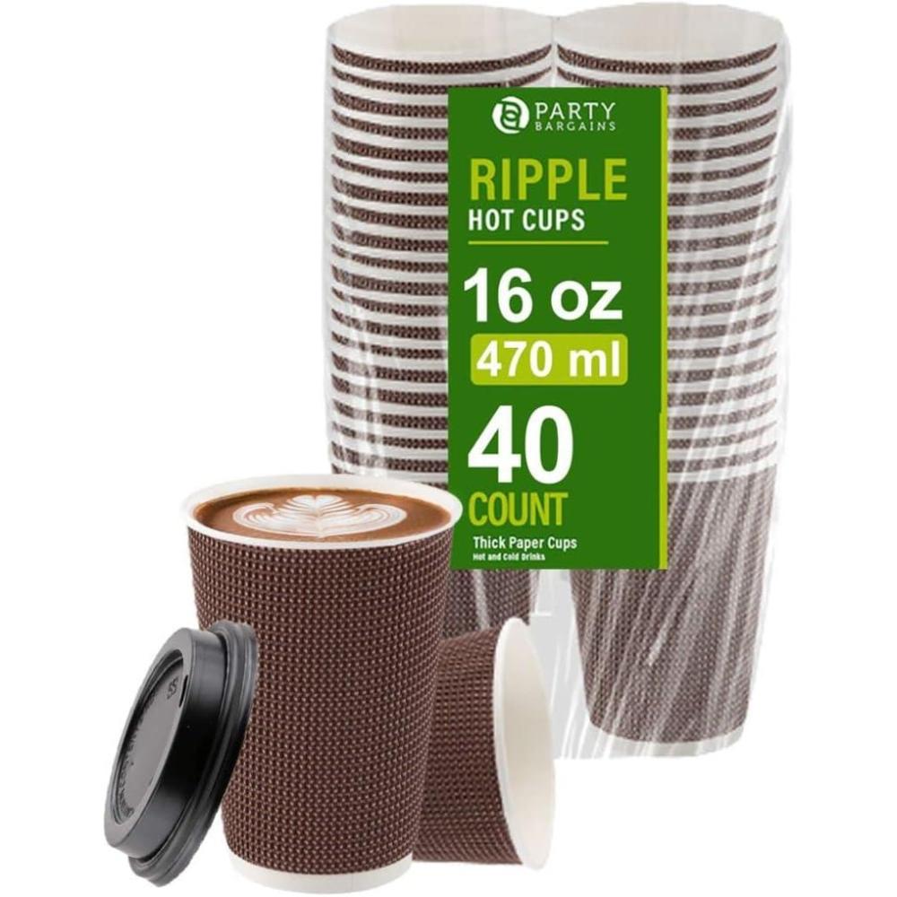 imagePARTY BARGAINS Ripple Hot Cups without Lids 10 oz 40 Count Brown Insulated Double Wall Disposable Paper Coffee Cups ToGo Cup Tea Hot Beverages No Sleeve Needed16 Ounce