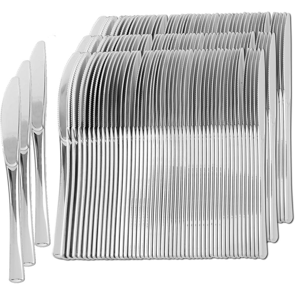 imagePARTY BARGAINS Silver Plastic Knives  120 Count Disposable Plastic Silverware Knives Durable amp Elegant Stylish Silver Cutlery