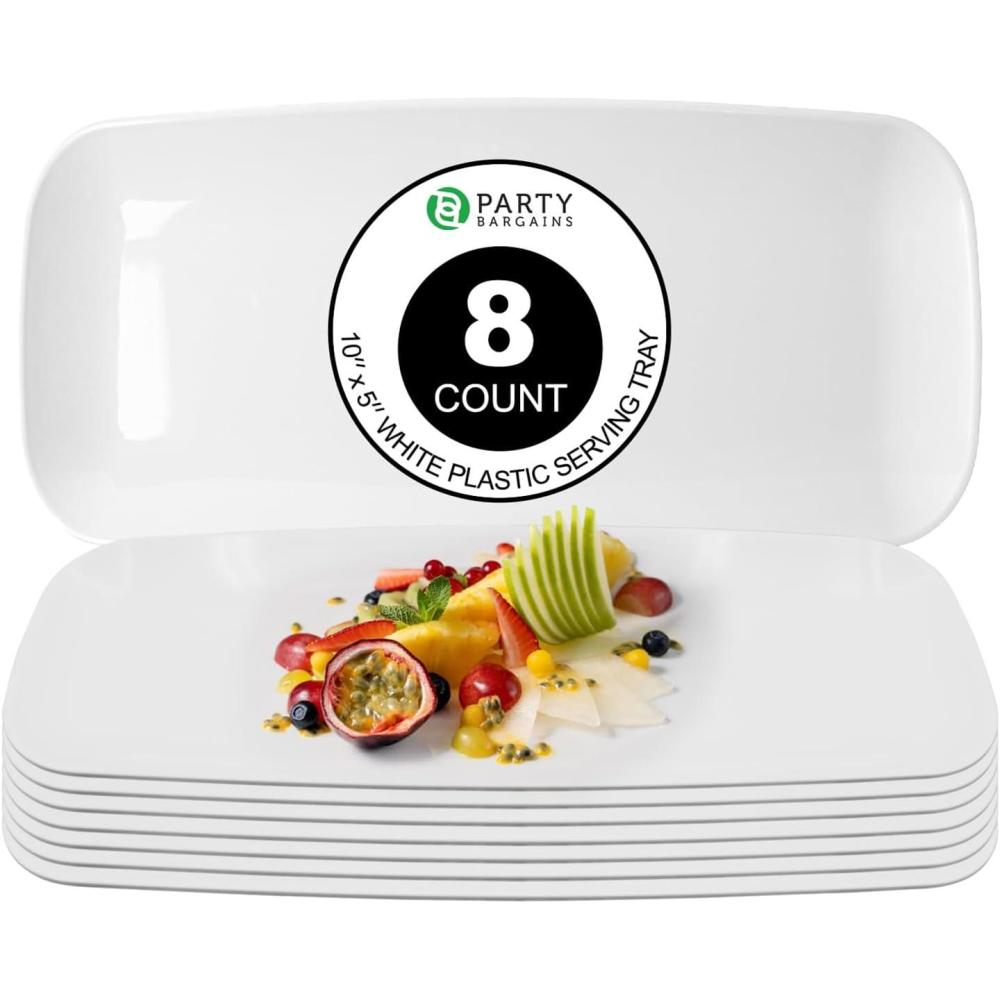 imageParty Bargains 10x5 Inch Plastic Serving Tray White Rectangular Platter 8 Pack
