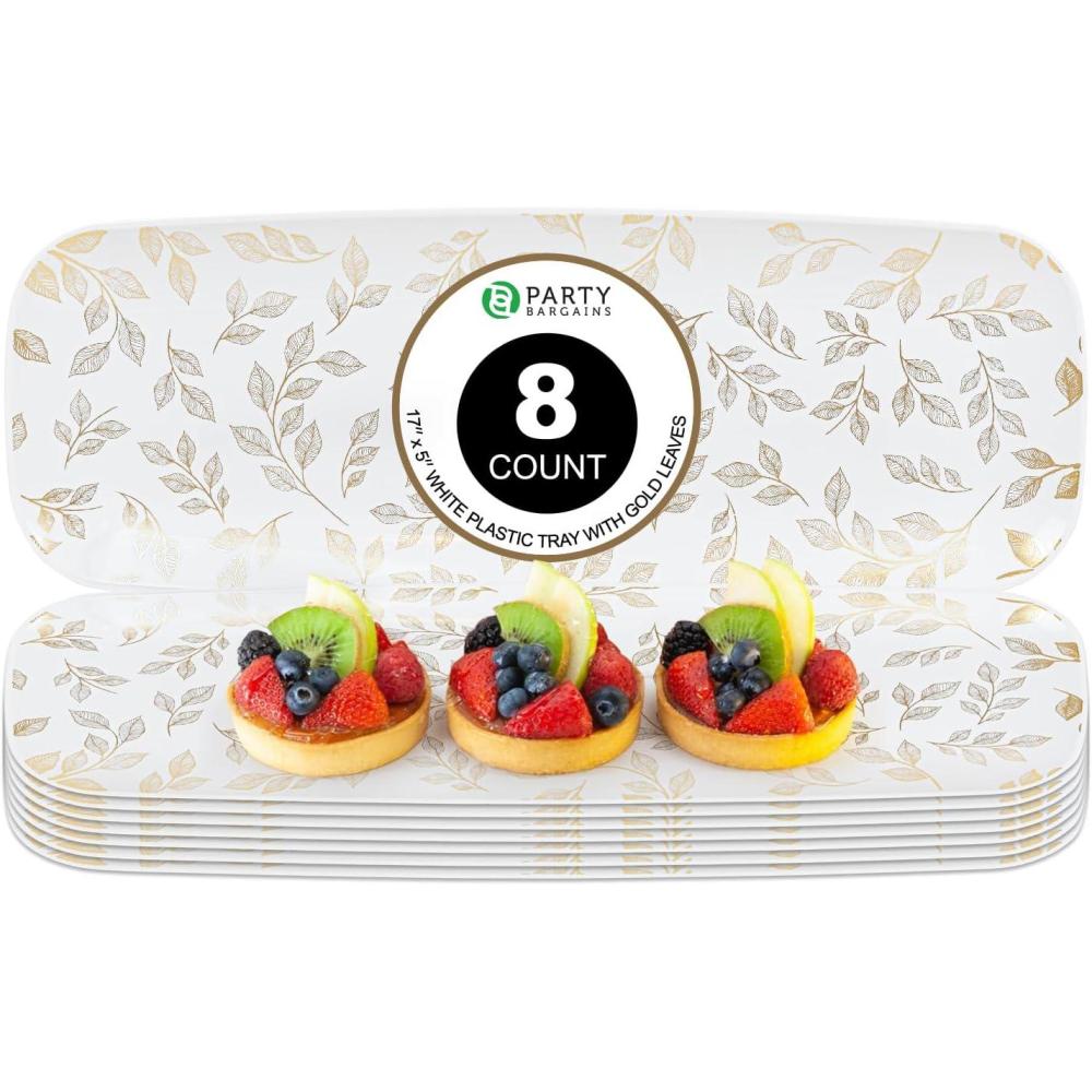 imageParty Bargains 17x5 Inch Plastic Serving Tray White with Leaves Rectangular Platter 8 Pack