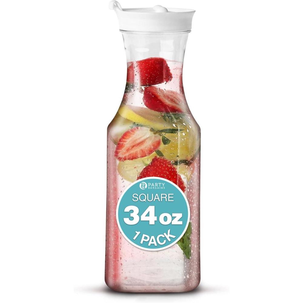 imageParty Bargains 34 oz Water Carafe with White Flip Tab Lid Square Base 1 Pack