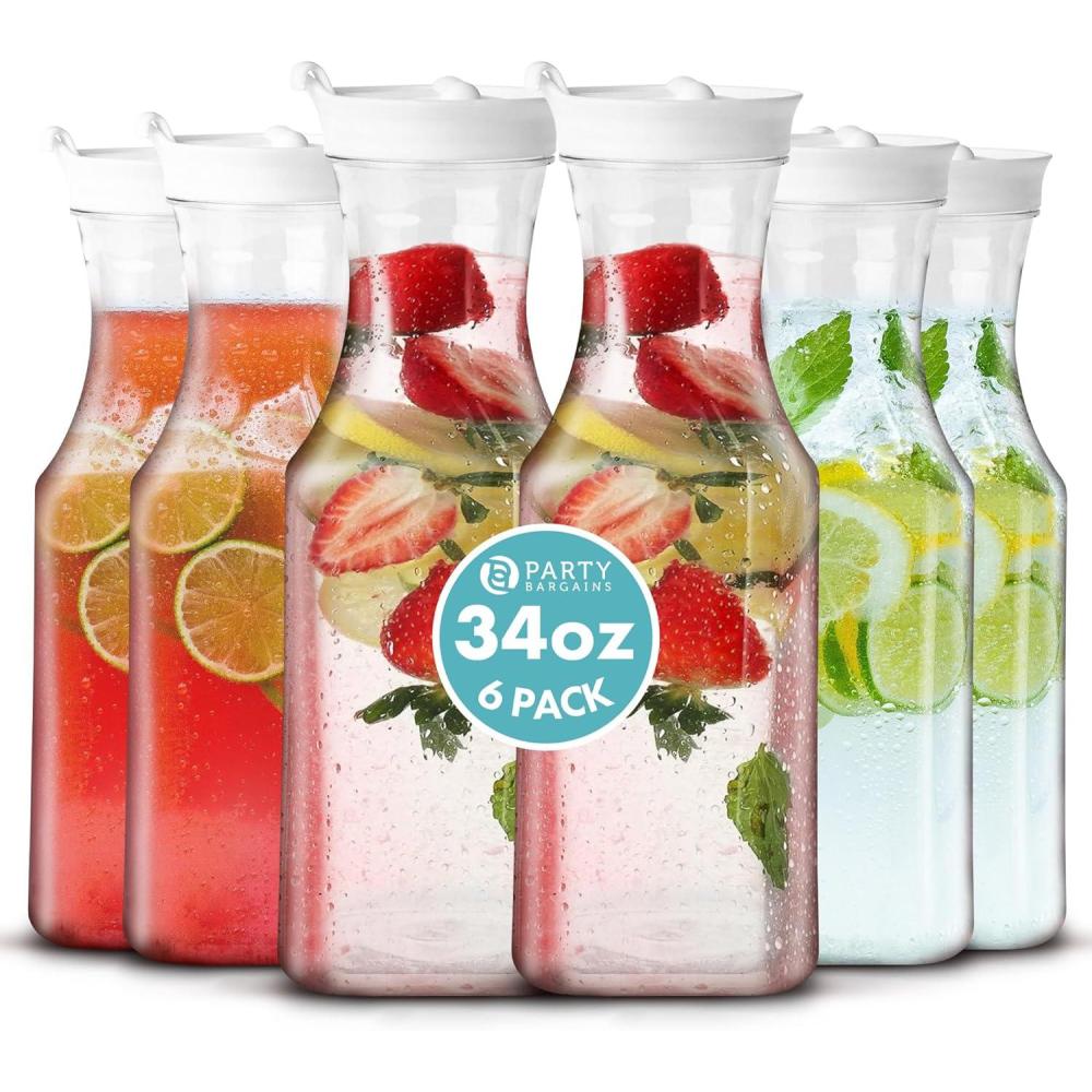 imageParty Bargains 34 oz Water Carafe with White Flip Tab Lid Square Base 6 Pack