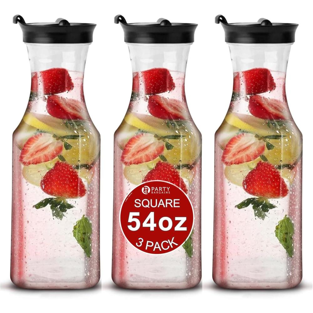 imageParty Bargains 54 Oz Square Base Carafe with Black Flip Tab Lids 3 Pack