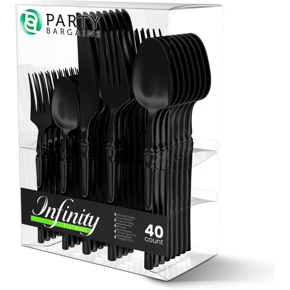 imageParty Bargains Disposable Plastic Silver Cutlery Set Infinity Modern Design Utensils 40 Pack 16 Forks 8 Knives 16 SpoonsBlack