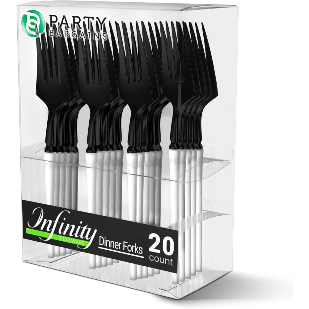 imageParty Bargains Disposable Plastic Silver Cutlery Set Infinity Modern Design Utensils 40 Pack 16 Forks 8 Knives 16 SpoonsBlackWhite