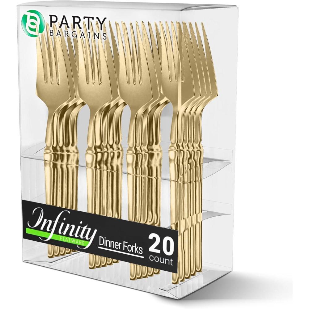 imageParty Bargains Disposable Plastic Silver Cutlery Set Infinity Modern Design Utensils 40 Pack 16 Forks 8 Knives 16 SpoonsGold