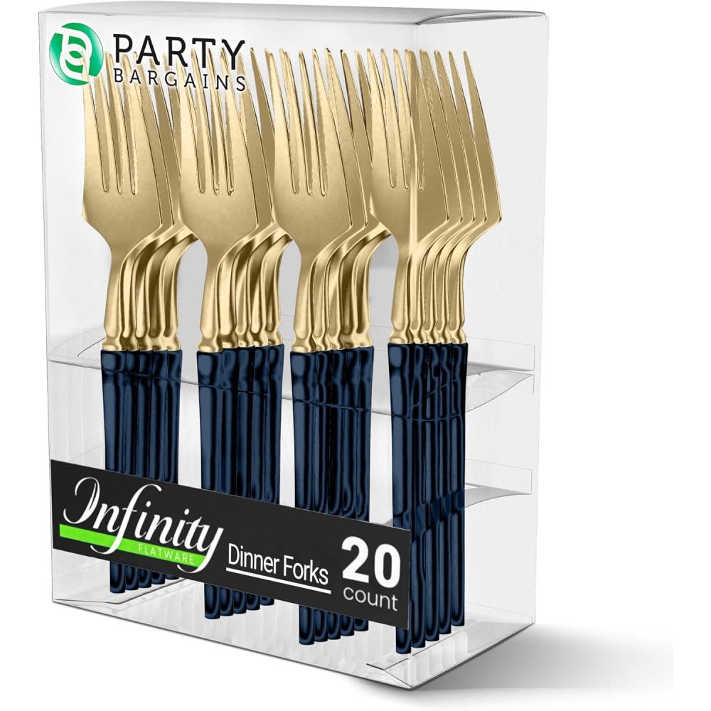 imageParty Bargains Disposable Plastic Silver Cutlery Set Infinity Modern Design Utensils 40 Pack 16 Forks 8 Knives 16 SpoonsNavy Gold