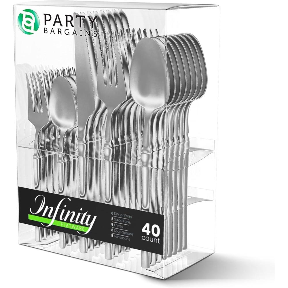 imageParty Bargains Disposable Plastic Silver Cutlery Set Infinity Modern Design Utensils 40 Pack 16 Forks 8 Knives 16 SpoonsSilver