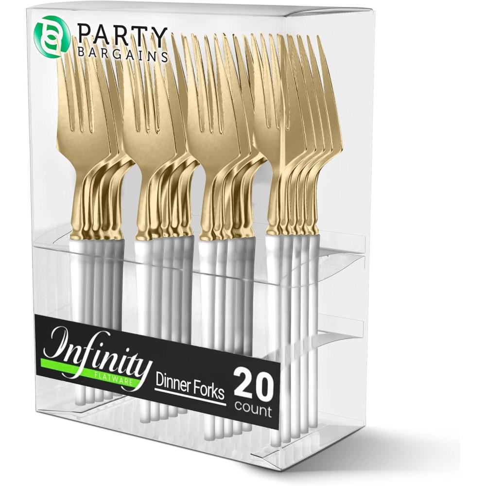 imageParty Bargains Disposable Plastic Silver Cutlery Set Infinity Modern Design Utensils 40 Pack 16 Forks 8 Knives 16 SpoonsWhite Gold